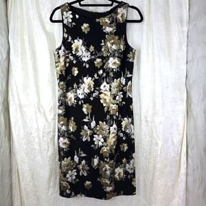 Michael Tyler Floral Black Gold/silver Foil Sheath Evening Party Romantic Chic